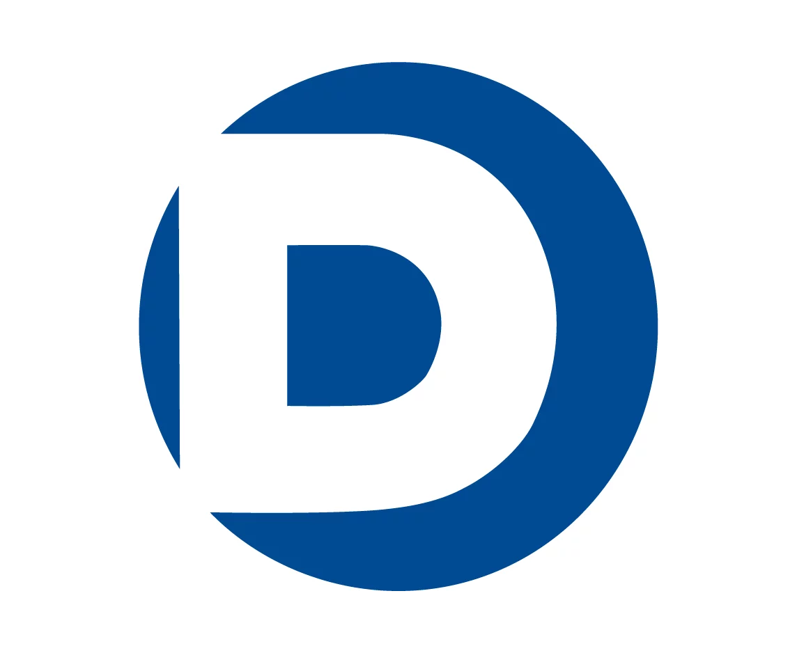 Blaues Logo mit einem großen "D" in einem Kreis, symbolisiert eine Organisation oder Marke.