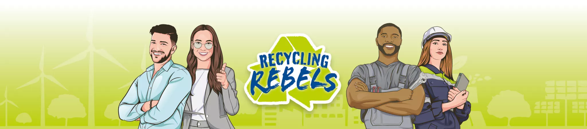 Illustration der "Recycling Rebels" mit zwei Charakteren und einem gr&uuml;nen Recycling-Symbol.
