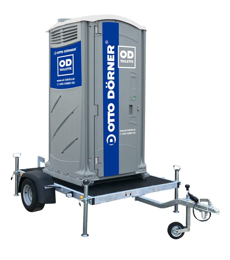 Mobile Toilettenkabine von Otto D&ouml;rner auf einem Anh&auml;nger f&uuml;r Veranstaltungen und Baustellen.