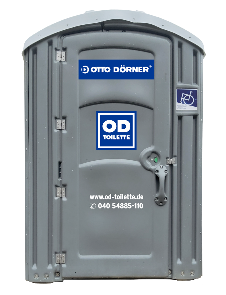 Mobile Toilettenkabine von Otto D&ouml;rner mit barrierefreiem Zugang und Firmenlogo.
