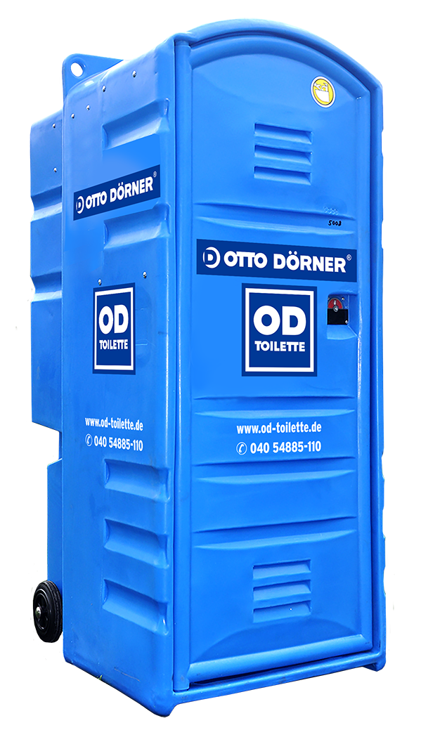 Blaue mobile Toilette von Otto D&ouml;rner mit Logo und Kontaktdaten. Ideal f&uuml;r Veranstaltungen.
