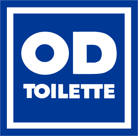 Logo der OD-Toilette auf blauem Hintergrund, symbolisiert Sauberkeit und Hygiene.